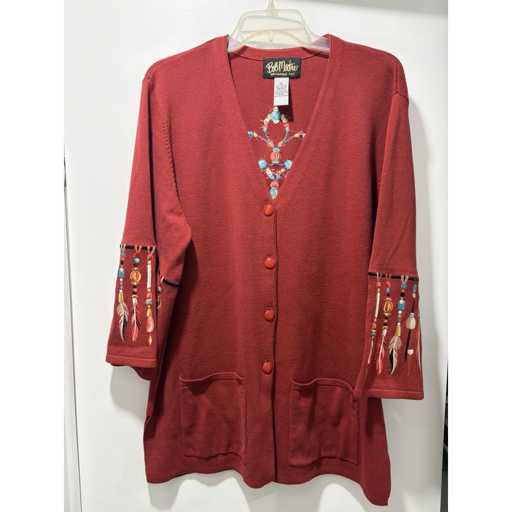 Bob Mackie Wearable Art Southwestern Dreamcatcher Cardigan Rust Embroidered 1X